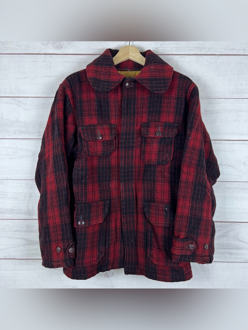 Mackinaw Coat EMERGENCY GARMENT Plaid Wool Hunting Jacket Vintage 1940s Size 40